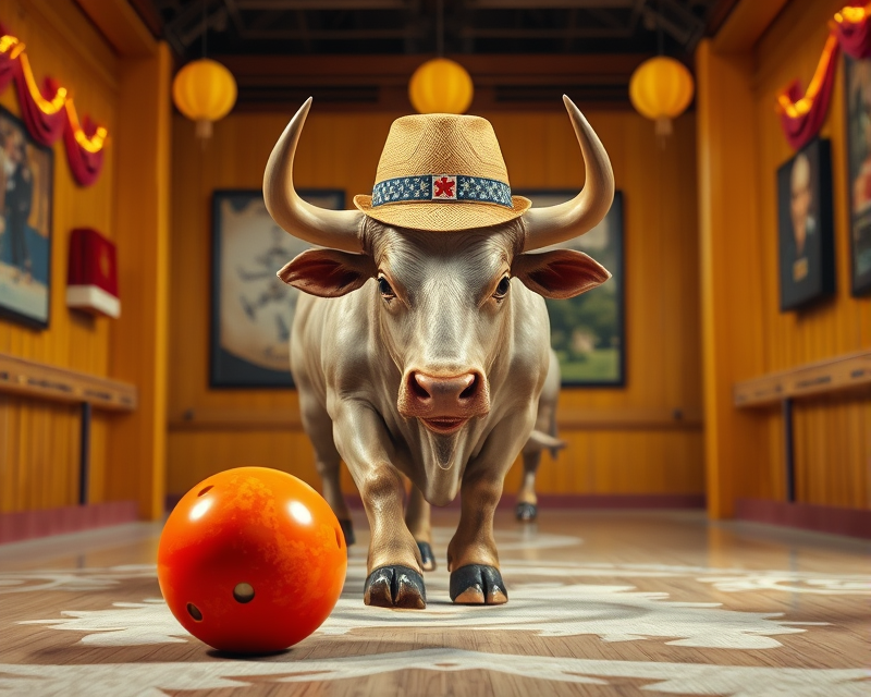 yellow, hat, bull, bowling ball, ice skate